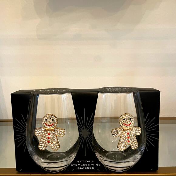 Christmas Jeweled GINGERBREAD Stemless Wine Glass Set of 2 Holiday Barware New - Picture 11 of 11